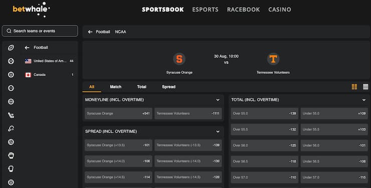 A snapshot of BetWhale, one of our top rated Tennessee sports betting sites.